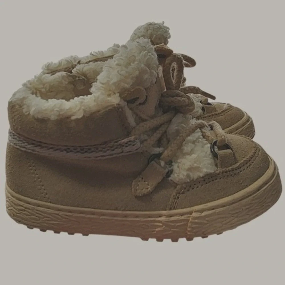 Zara Kids Girls 8 Tan Sheep Faux‎ Fur Lined High Top Boots Farmcore Country Kid